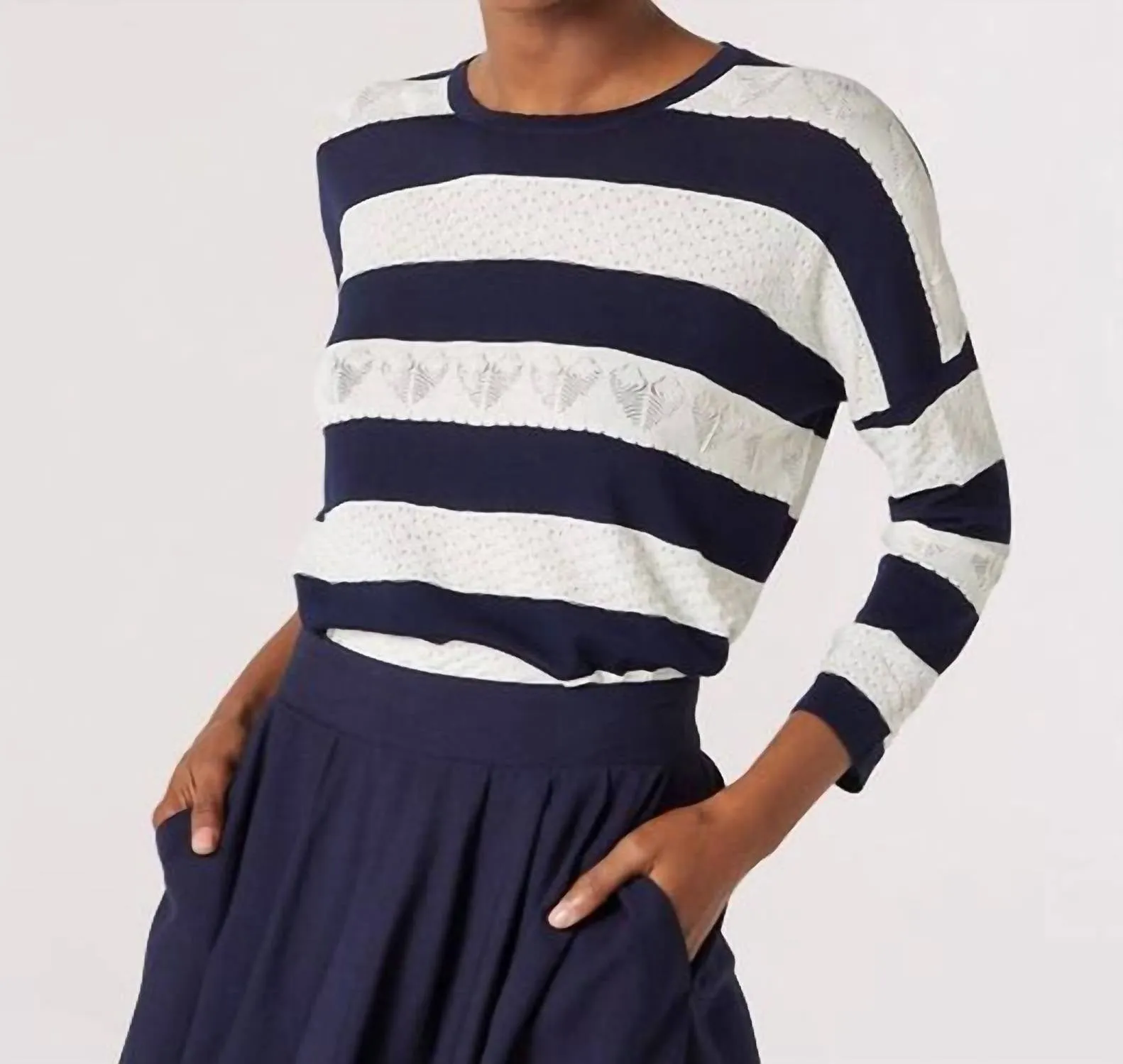 Jacquard White Stripe Box Sweater In Navy