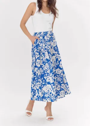 Kelda Drop Waist Print Maxi Skirt In Blue/cream