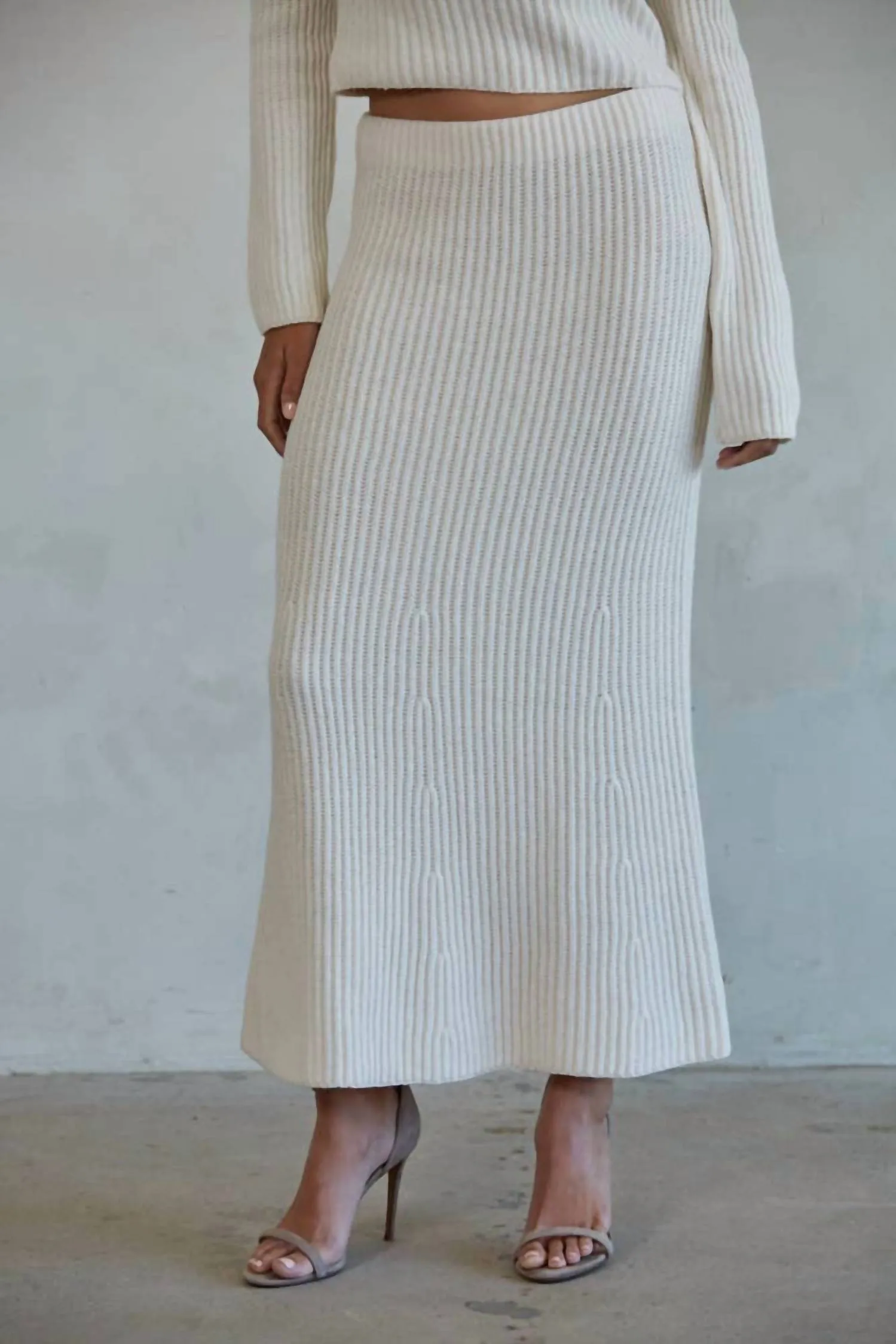 Knit Waist Flare Midi Skirt In Cream