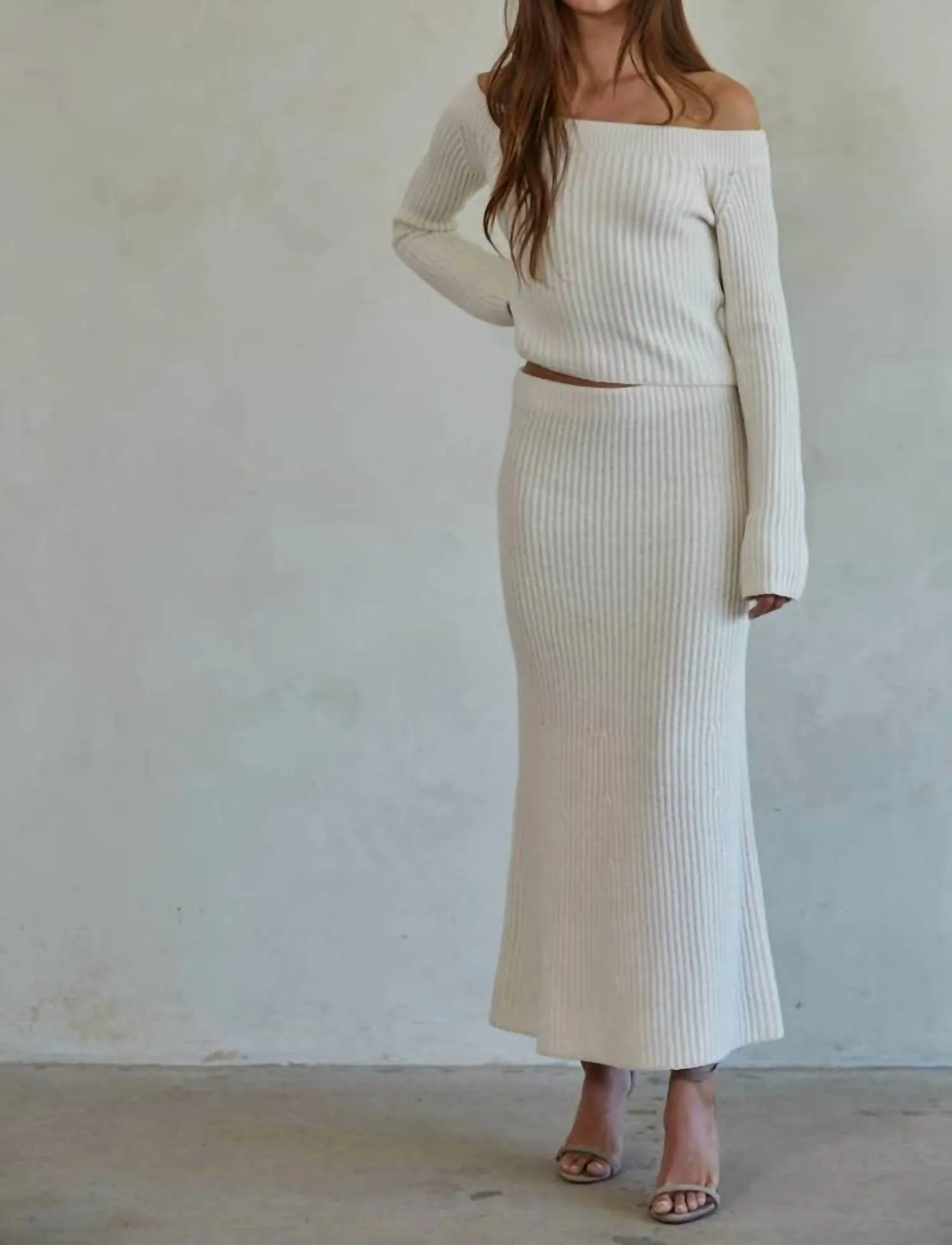 Knit Waist Flare Midi Skirt In Cream