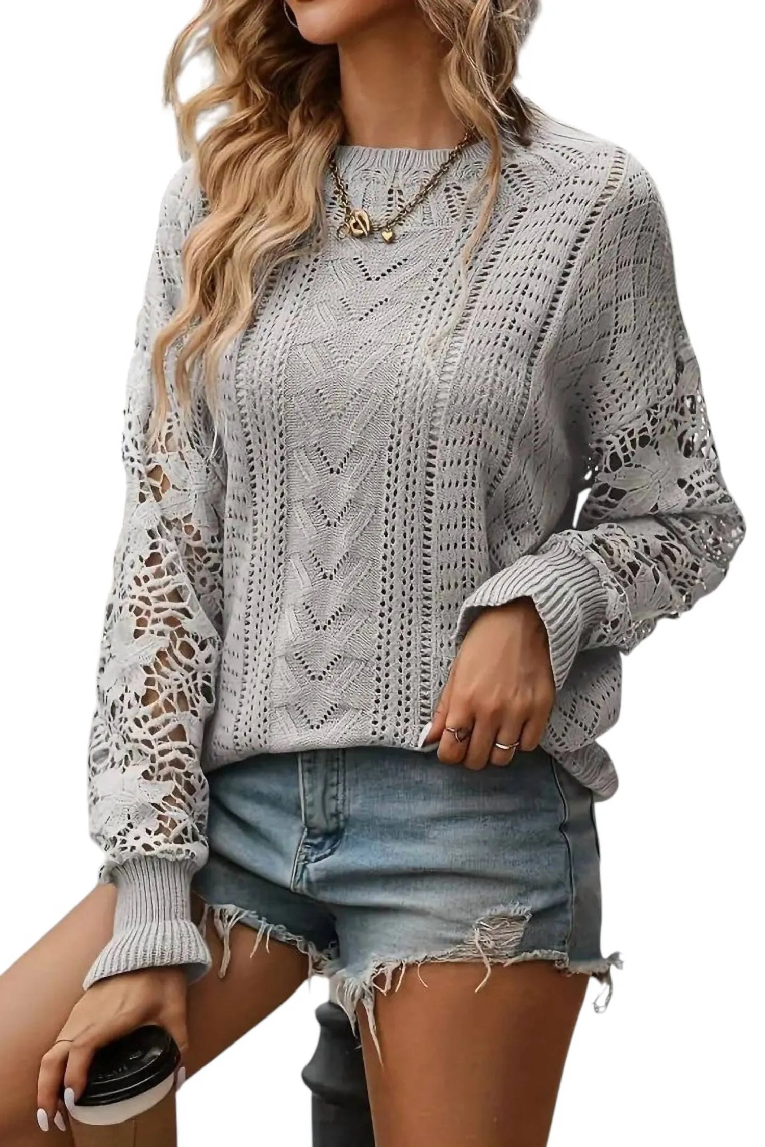 Lacey Knit Top In Light Gray