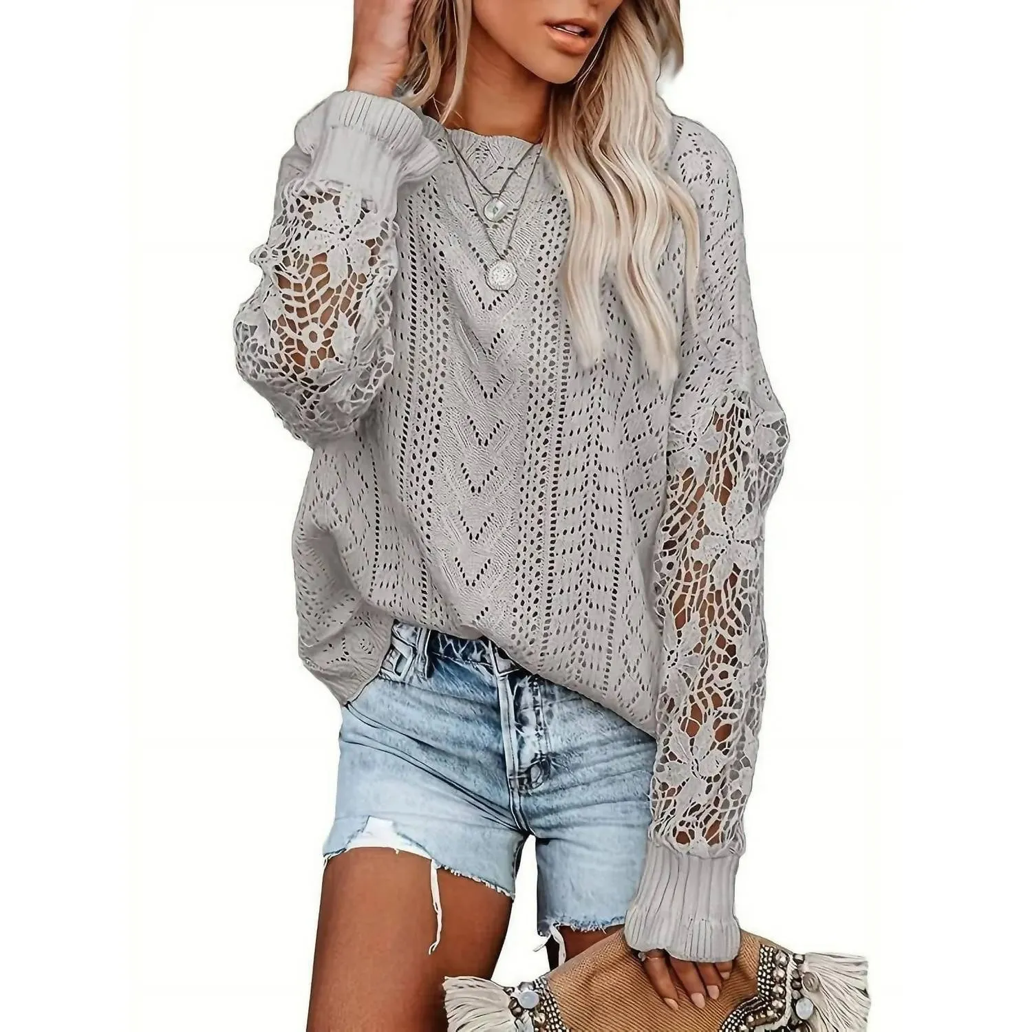 Lacey Knit Top In Light Gray