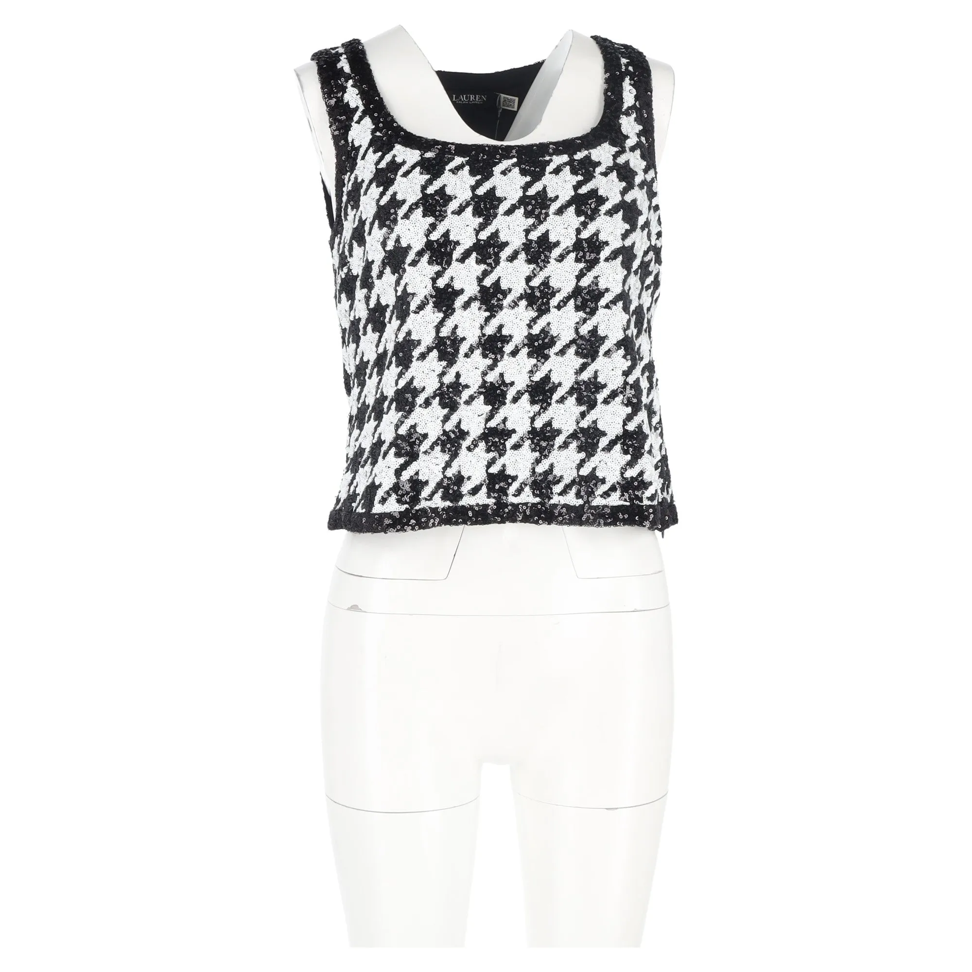 Lauren Ralph Lauren Houndstooth Sequined Sleeveless Top in Black and White Cotton