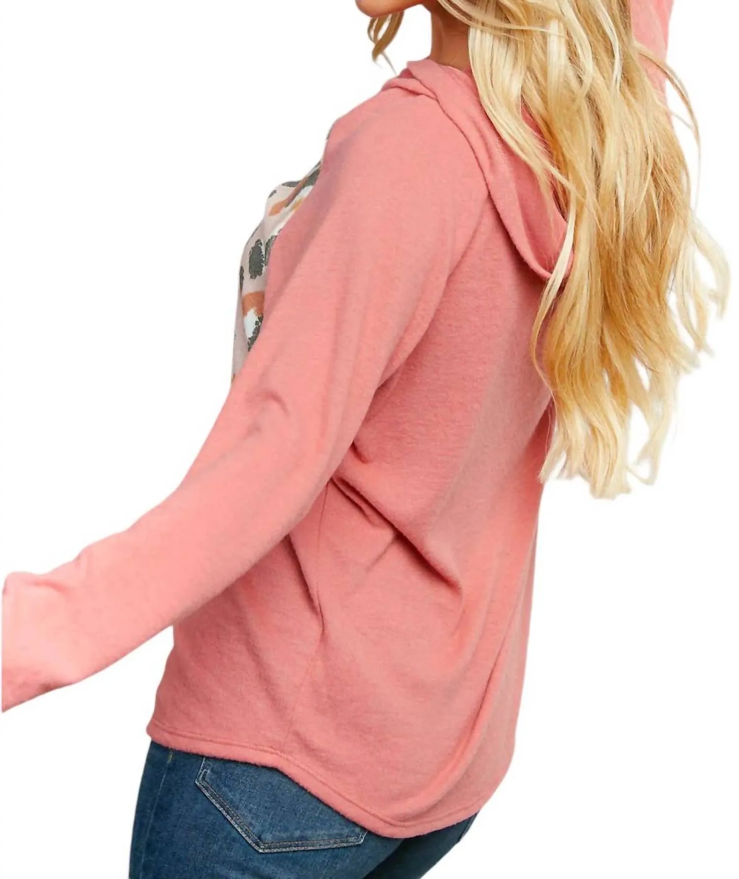 Leopard Thermal Yoke Brushed Hacci Cross Stitch Hoodie In Pink