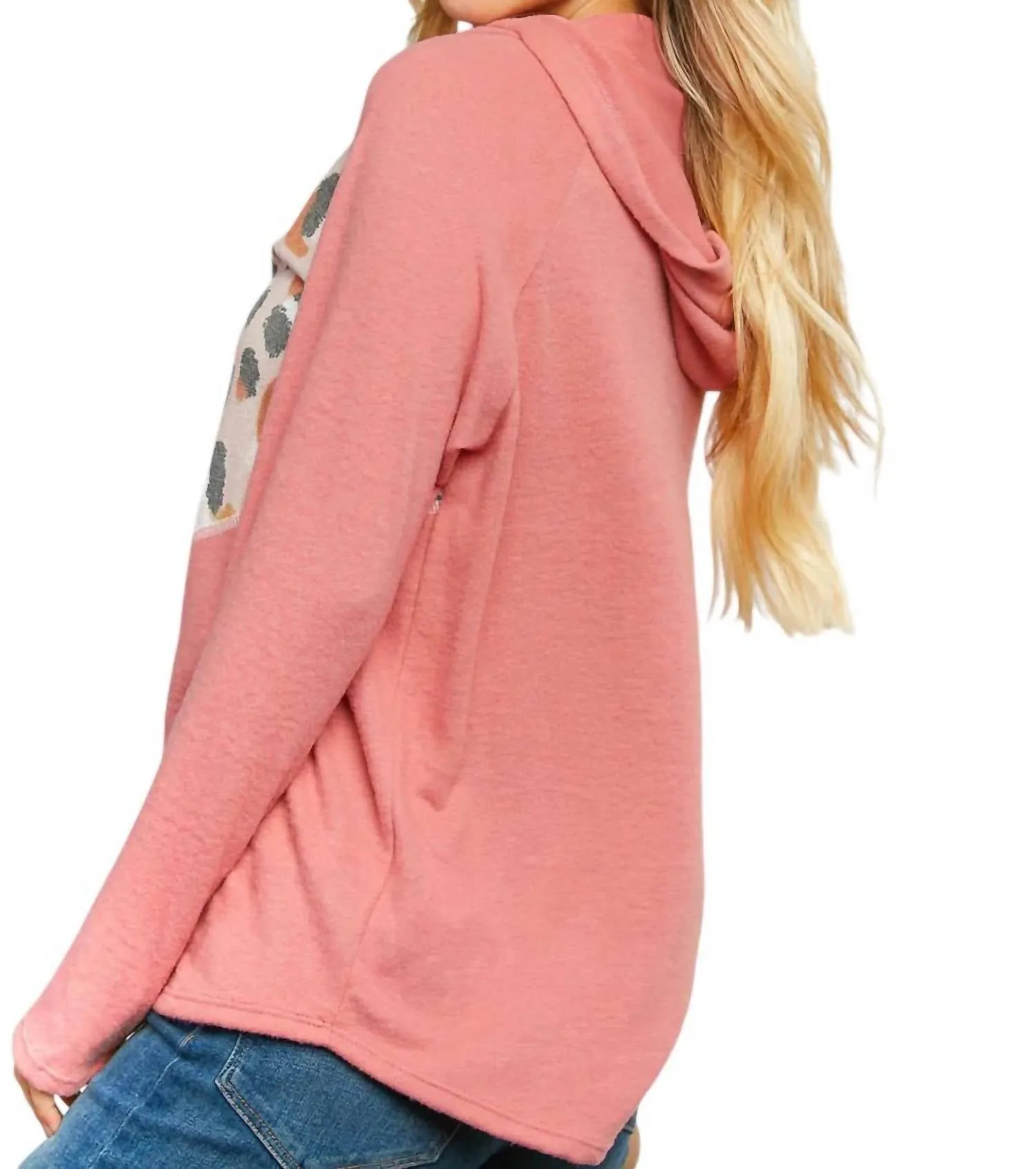 Leopard Thermal Yoke Brushed Hacci Cross Stitch Hoodie In Pink