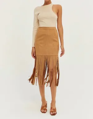 Letty Vegan Suede Fringe Skirt In Brown