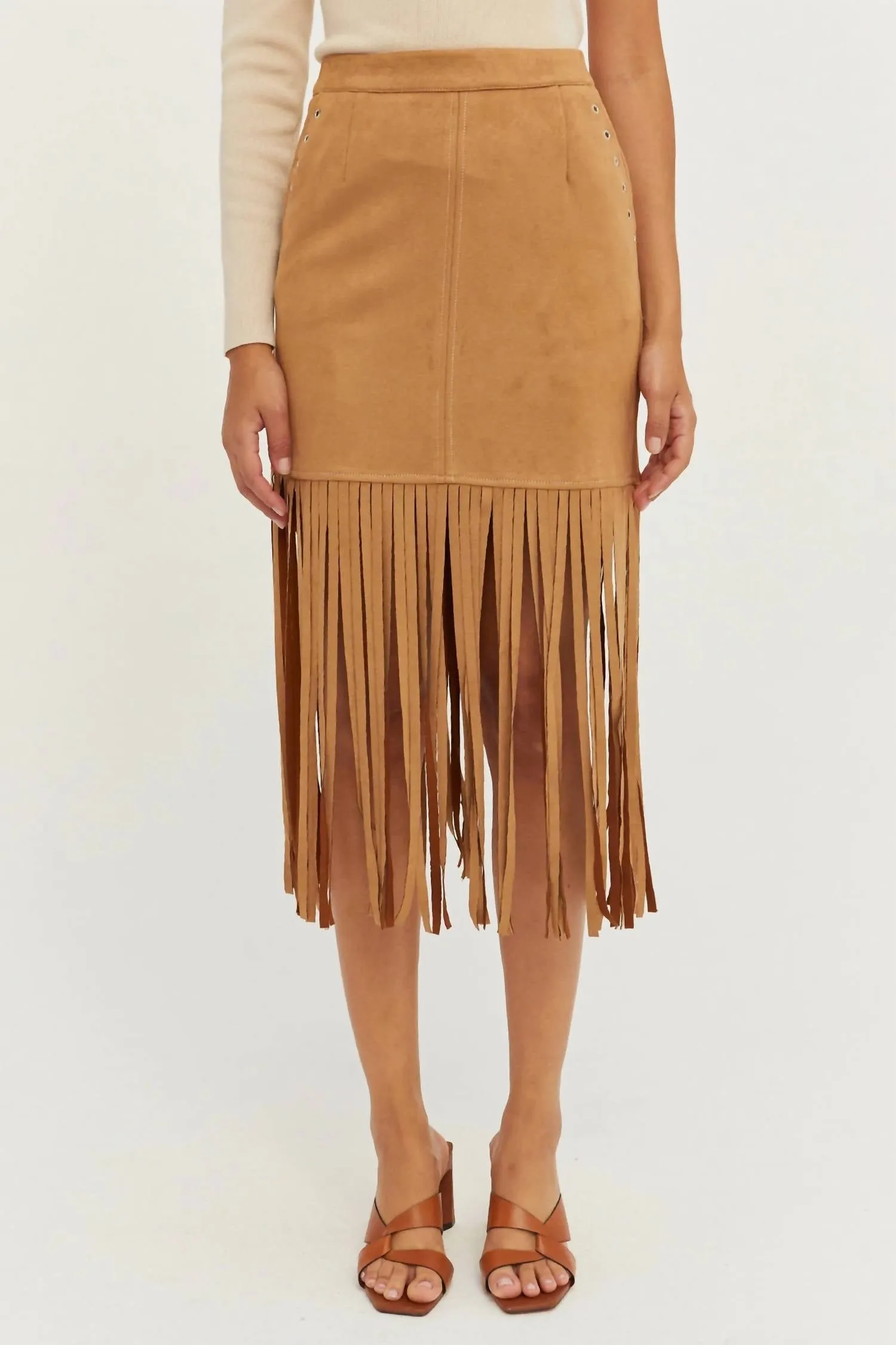 Letty Vegan Suede Fringe Skirt In Brown
