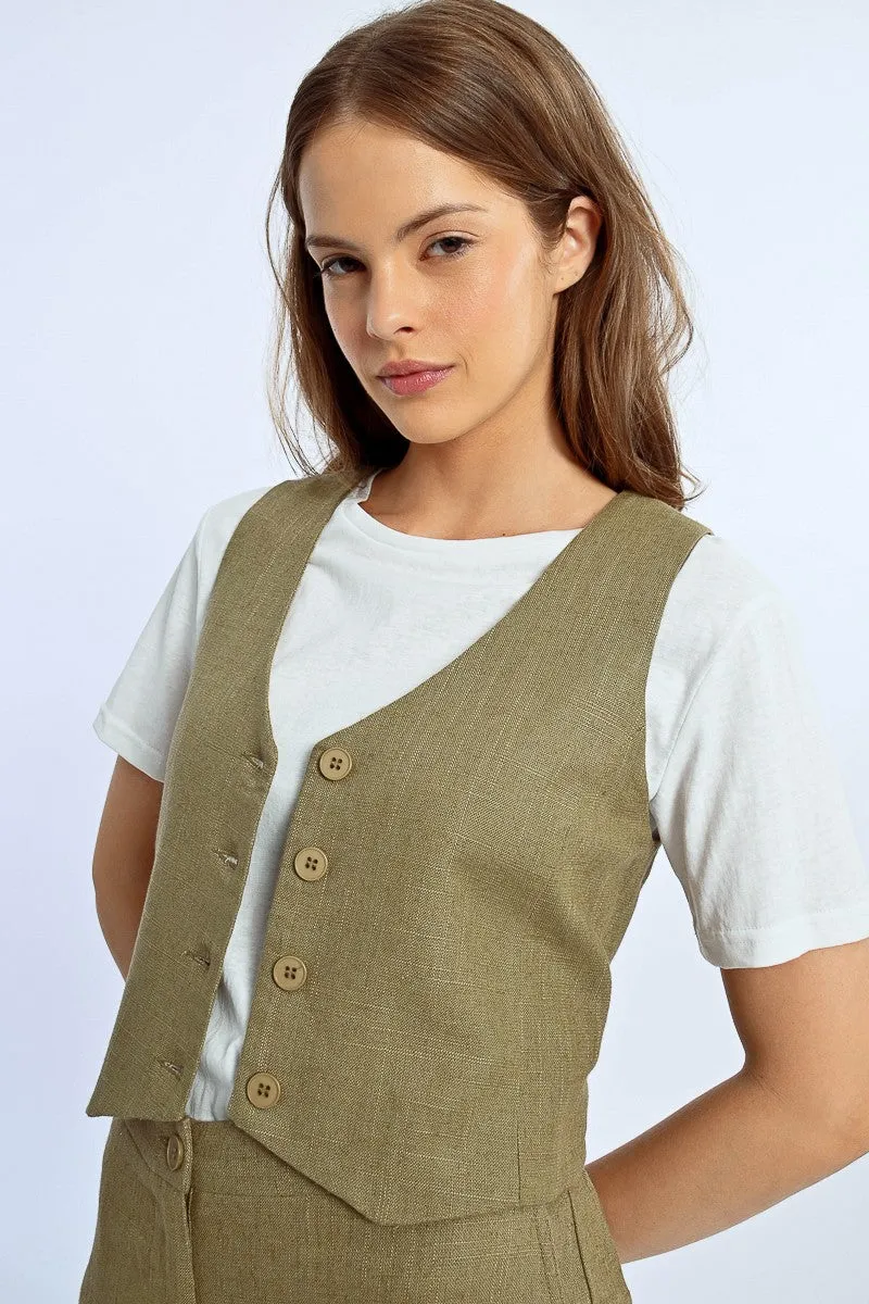 Linen Vest in Khaki