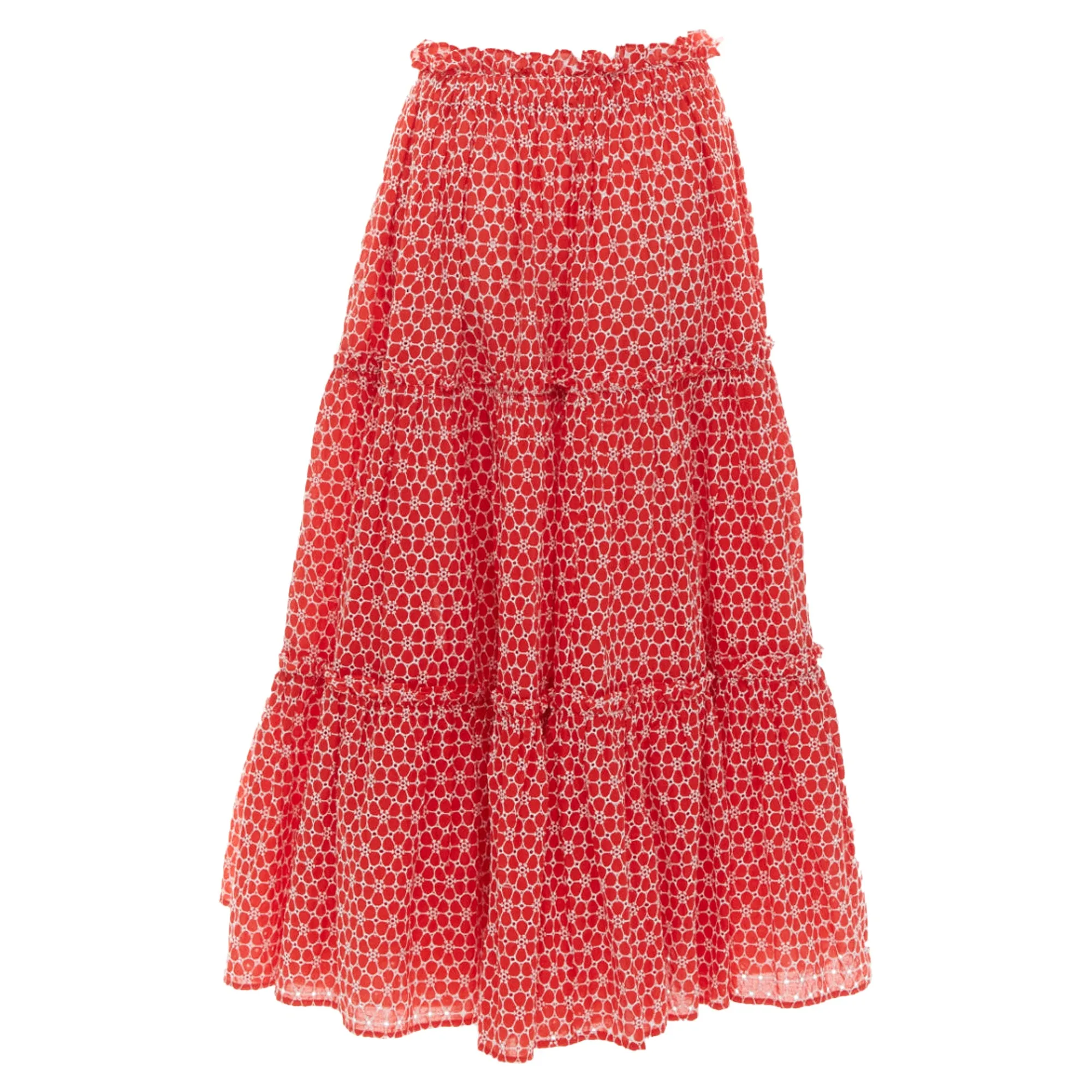 Lisa Marie Fernandez Red cotton embroidery eyelet ruffle midi skirt