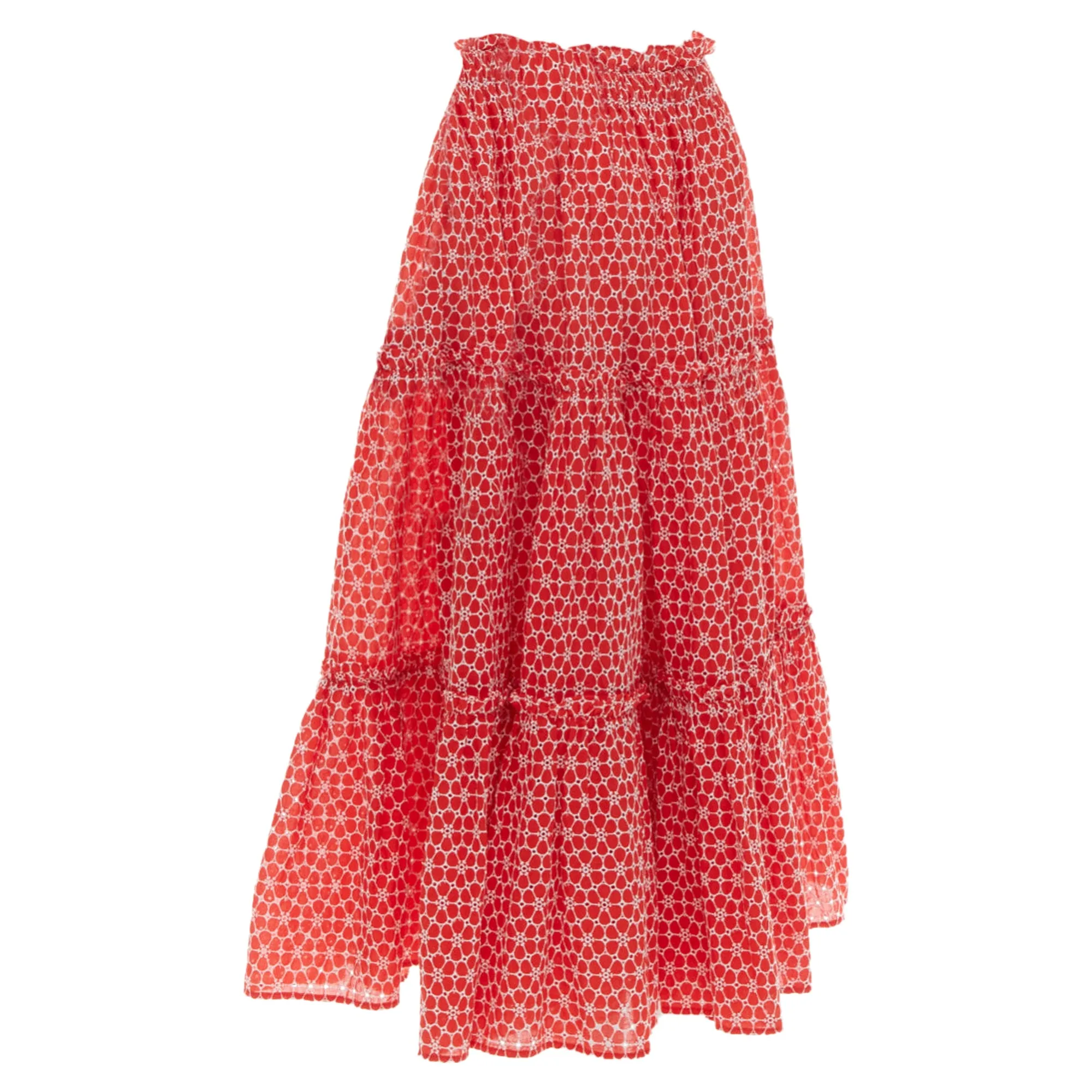 Lisa Marie Fernandez Red cotton embroidery eyelet ruffle midi skirt