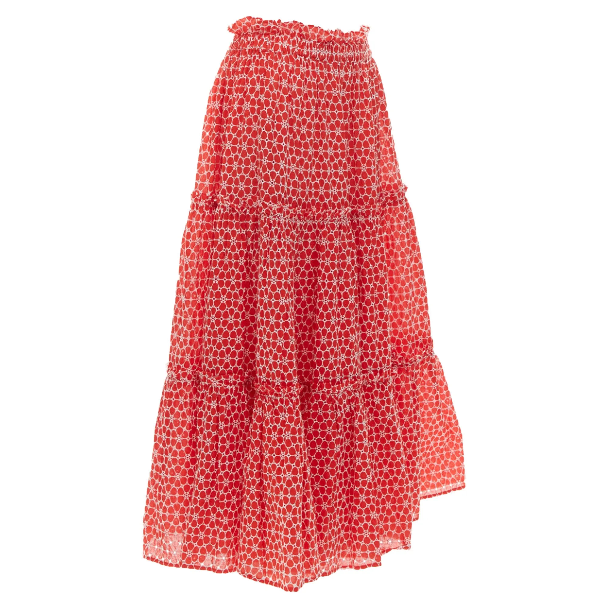 Lisa Marie Fernandez Red cotton embroidery eyelet ruffle midi skirt