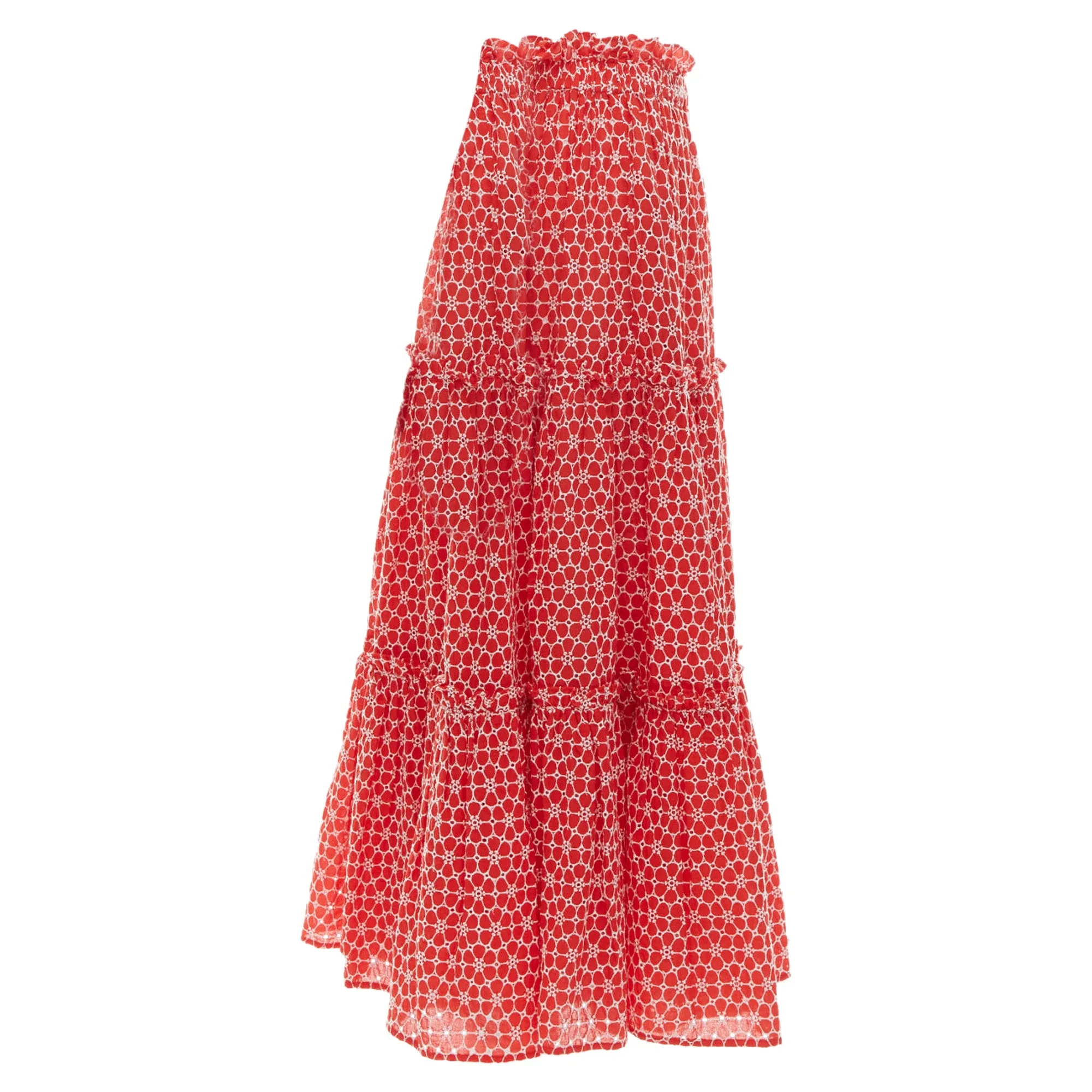 Lisa Marie Fernandez Red cotton embroidery eyelet ruffle midi skirt