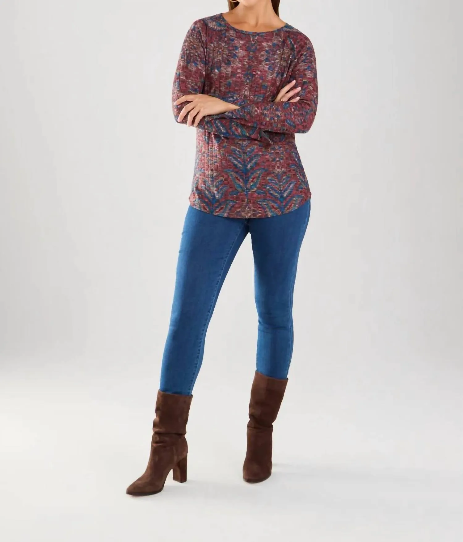 Long Sleeve Rib Top In Burgundy