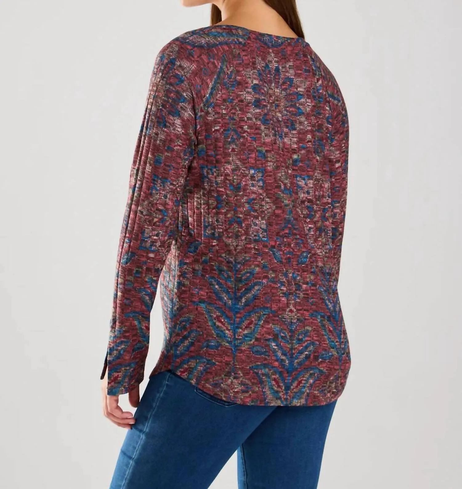 Long Sleeve Rib Top In Burgundy