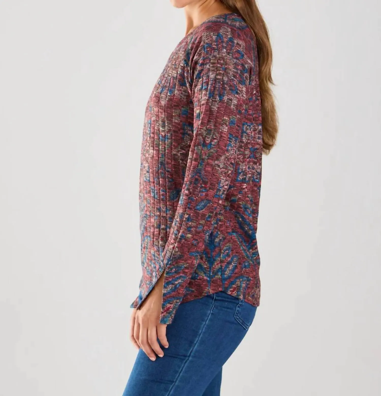 Long Sleeve Rib Top In Burgundy