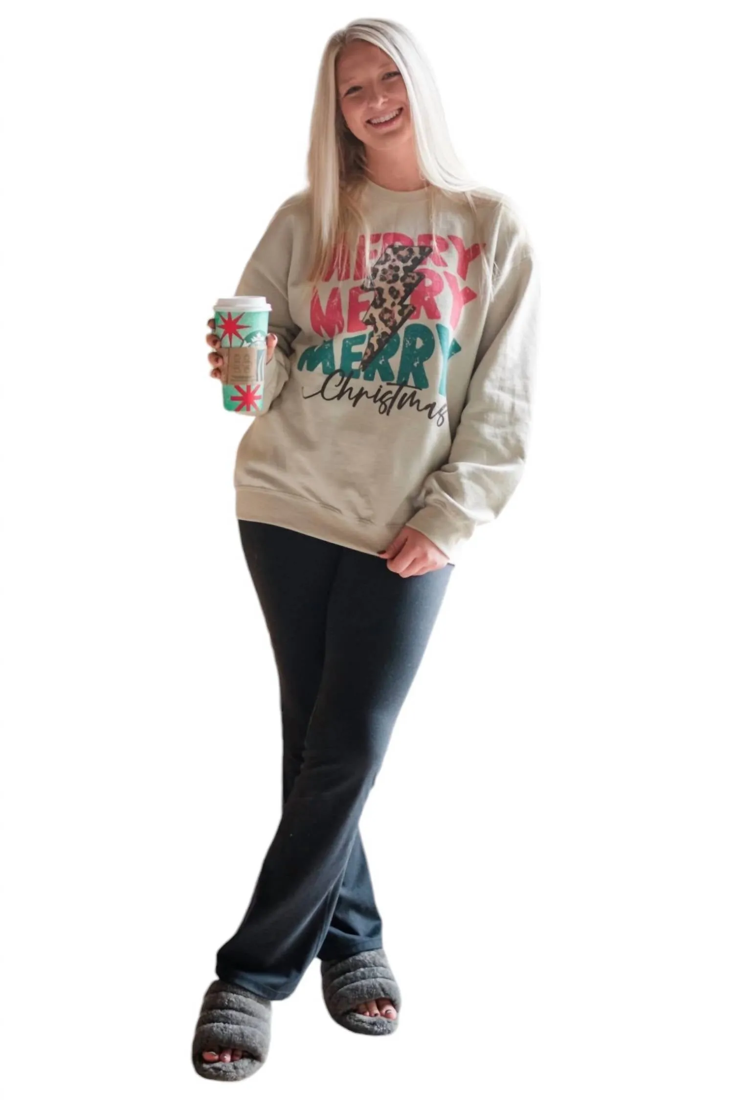 Merry Merry Merry Christmas Sweatshirt In Sand