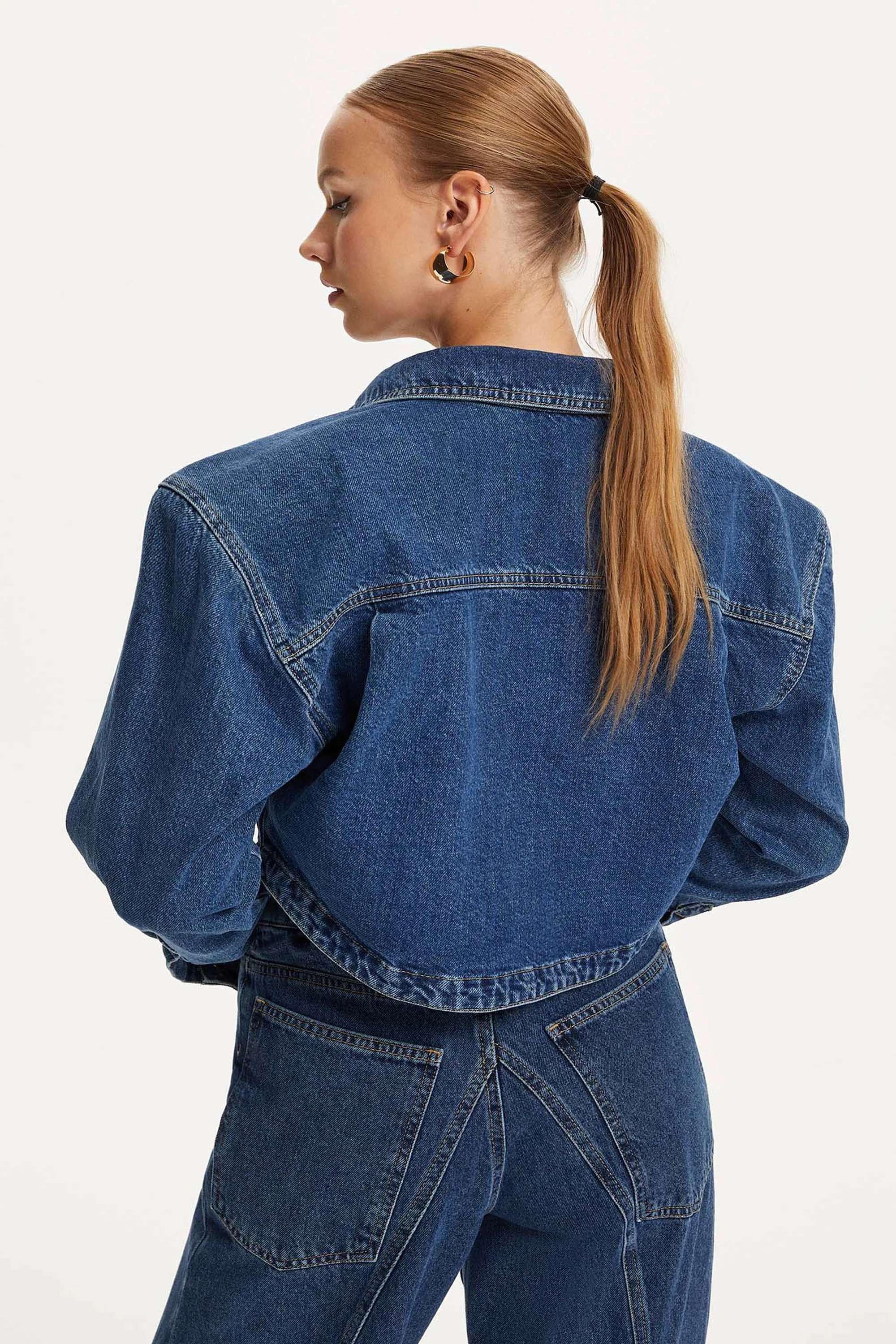 Military Buttoned Crop Denim Jacket