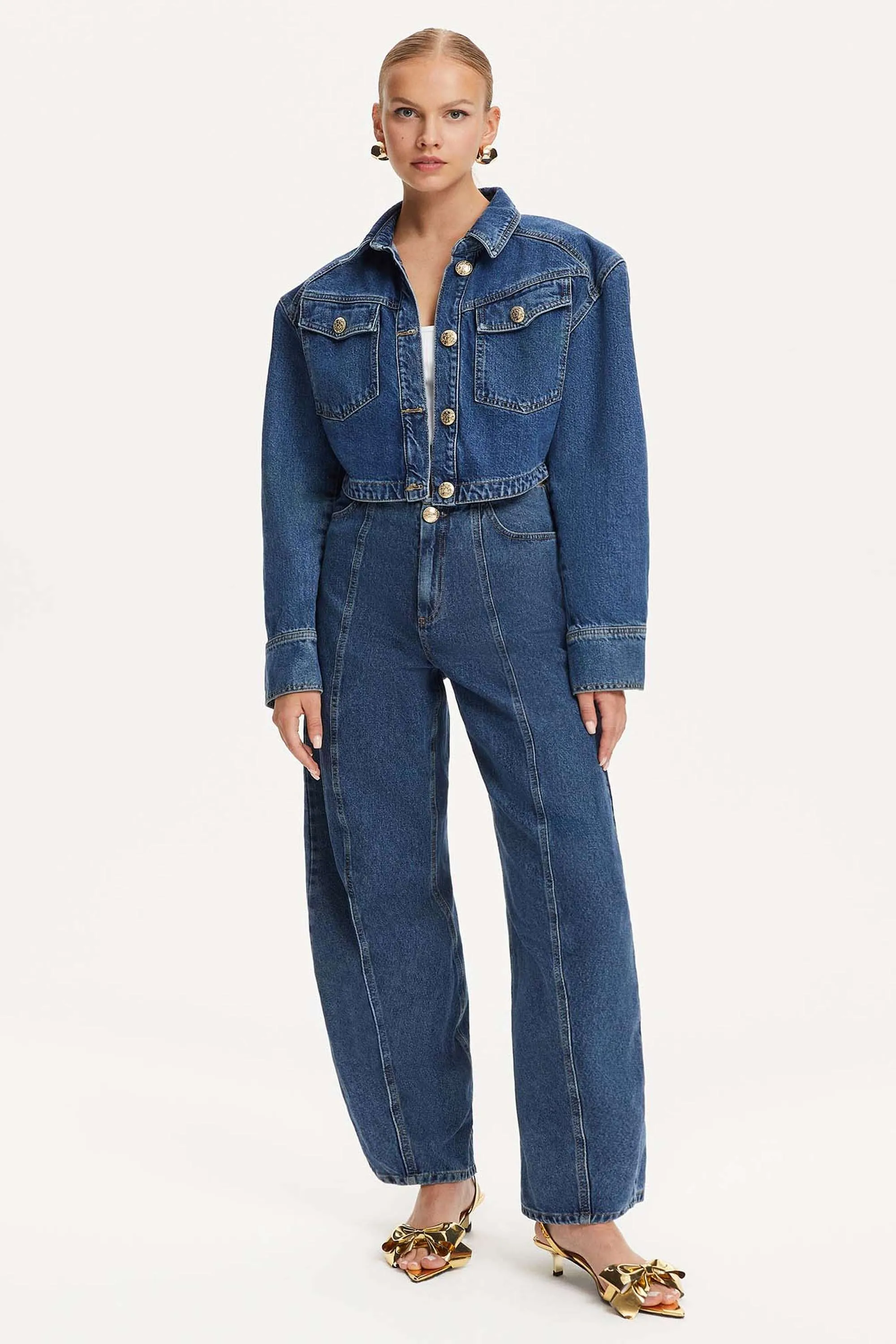 Military Buttoned Crop Denim Jacket