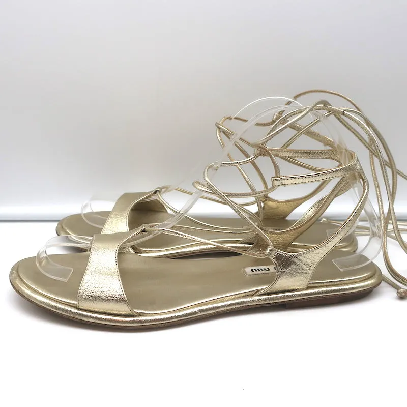Miu Miu Ankle Wrap Flat Gladiator Sandals Gold Metallic Leather Size 38.5