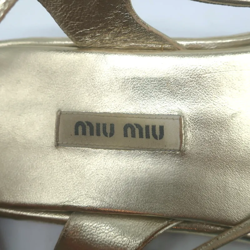 Miu Miu Ankle Wrap Flat Gladiator Sandals Gold Metallic Leather Size 38.5