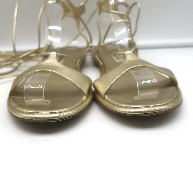 Miu Miu Ankle Wrap Flat Gladiator Sandals Gold Metallic Leather Size 38.5