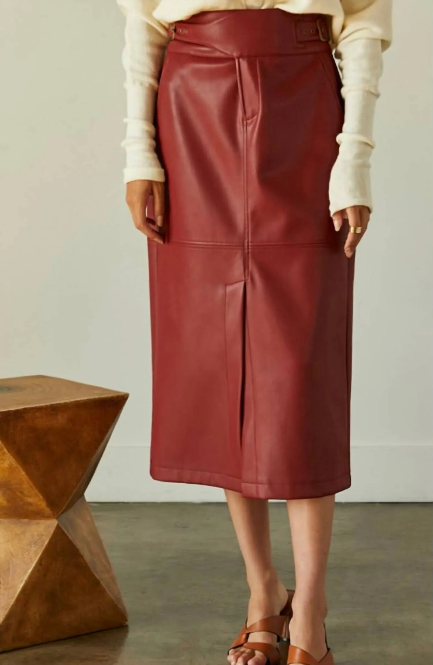 Natalie Vegan Pu Midi Skirt With Side Buckle In Brick