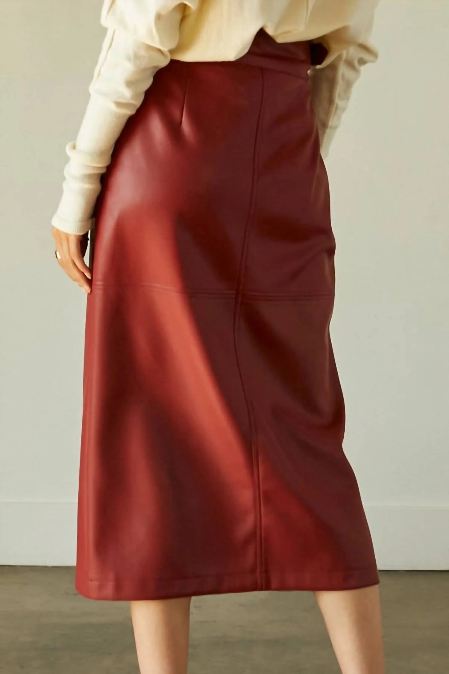 Natalie Vegan Pu Midi Skirt With Side Buckle In Brick