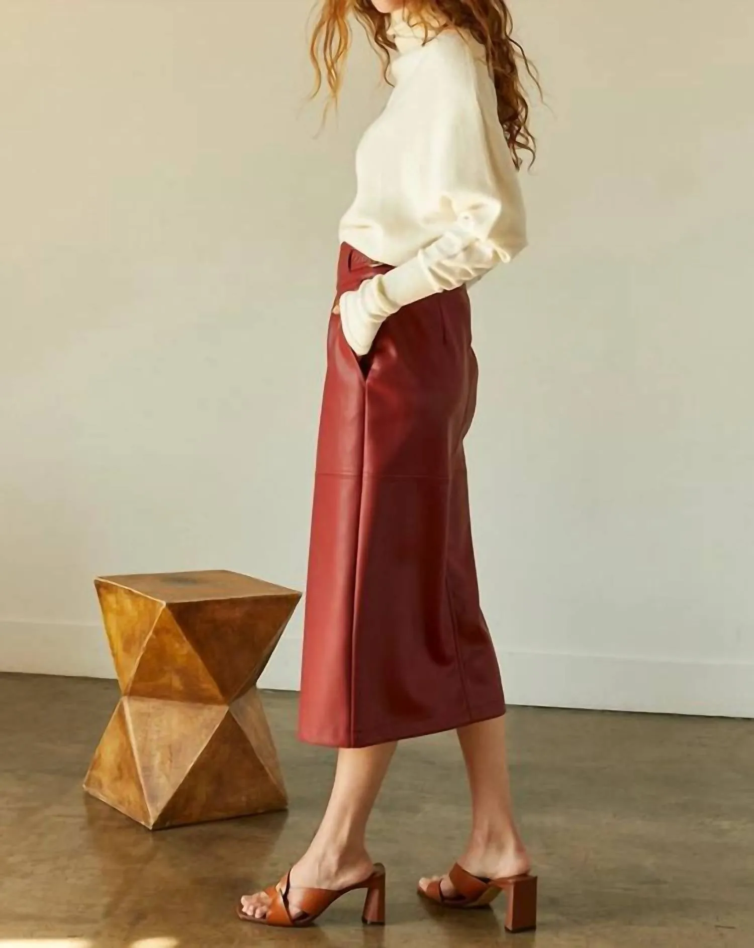 Natalie Vegan Pu Midi Skirt With Side Buckle In Brick
