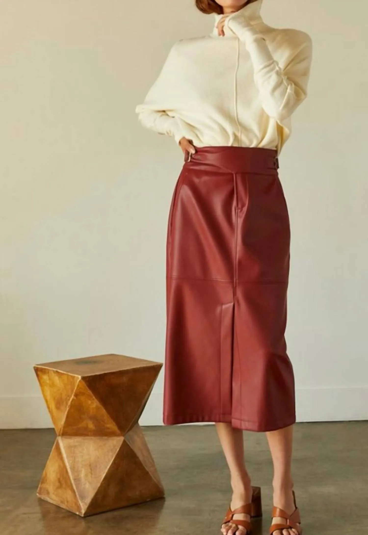 Natalie Vegan Pu Midi Skirt With Side Buckle In Brick