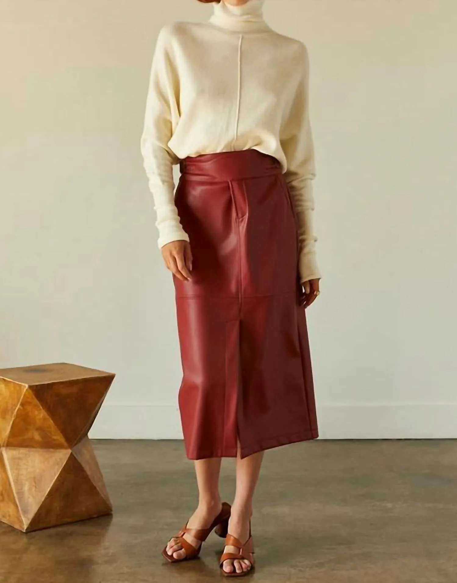 Natalie Vegan Pu Midi Skirt With Side Buckle In Brick