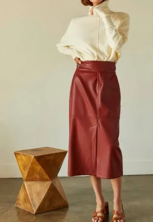 Natalie Vegan Pu Midi Skirt With Side Buckle In Brick