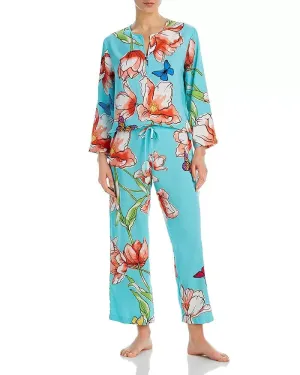 Natori Wild Poppy Pajama Set Women XL Blue Floral Split Neck Elastic Waist VSQ90