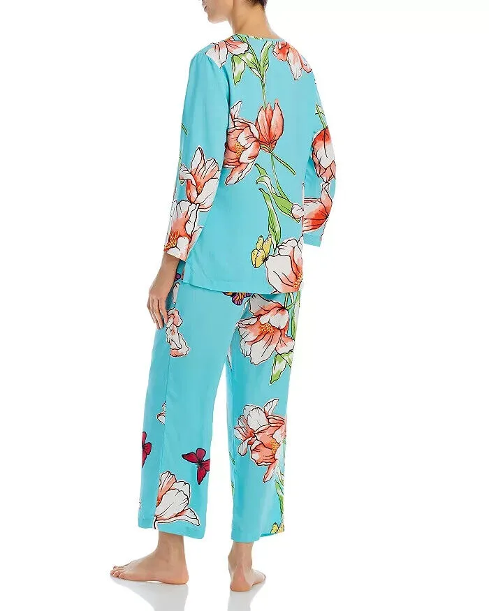 Natori Wild Poppy Pajama Set Women XL Blue Floral Split Neck Elastic Waist VSQ90