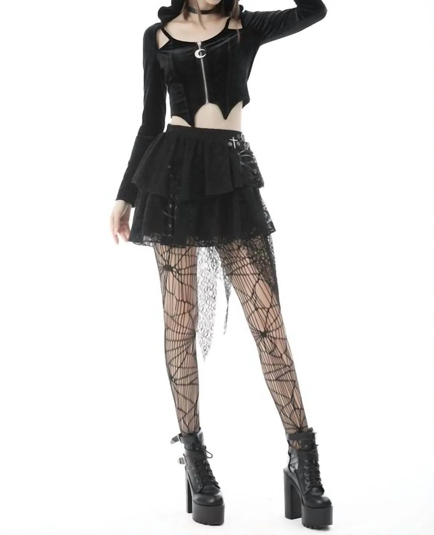 Night Cat Zipper Hoodie Top In Black