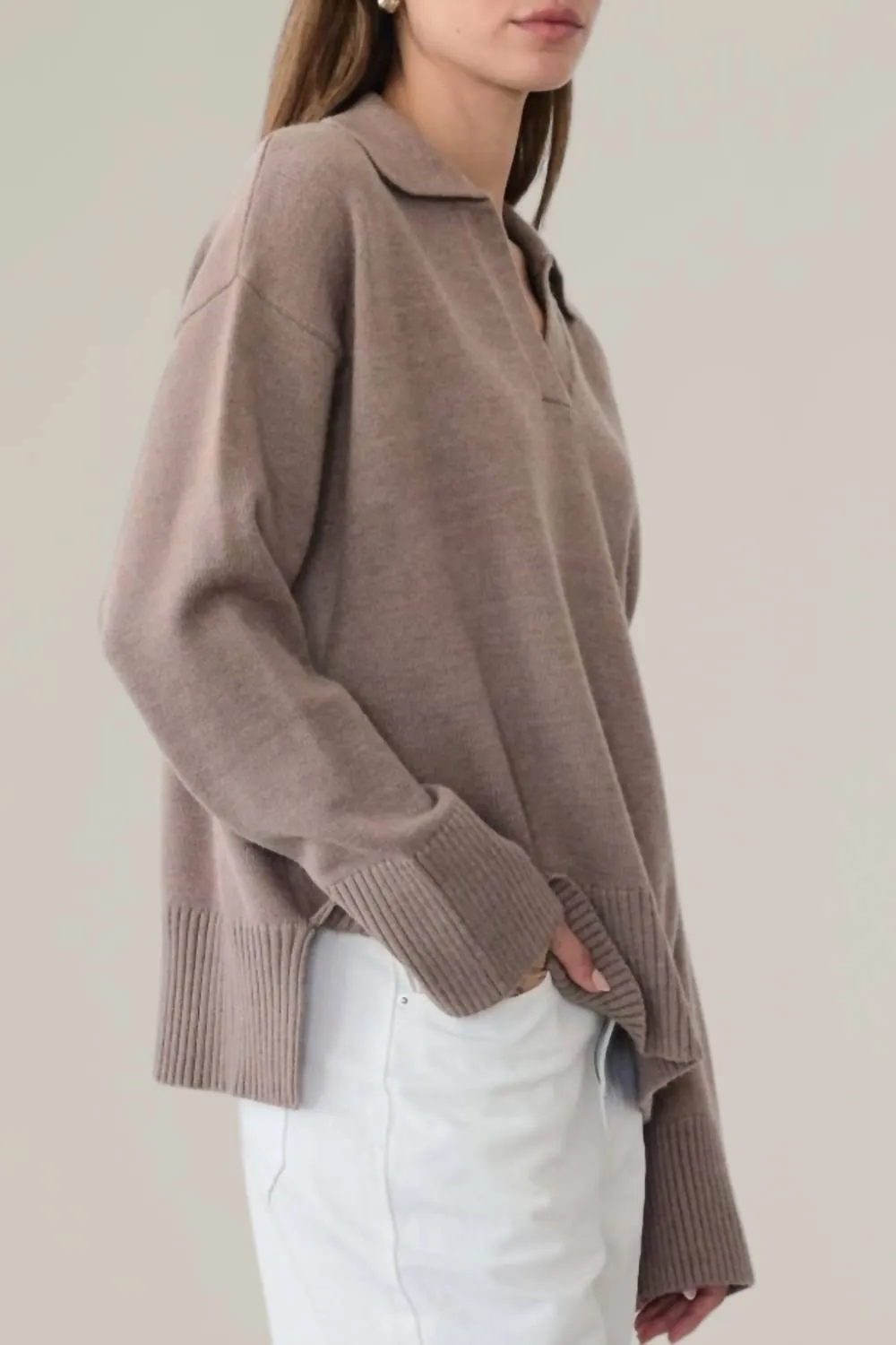 Open Collar Sweater In Taupe