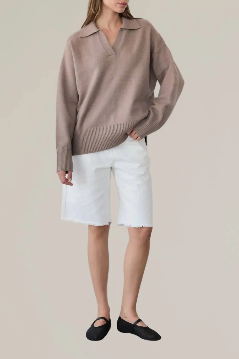Open Collar Sweater In Taupe