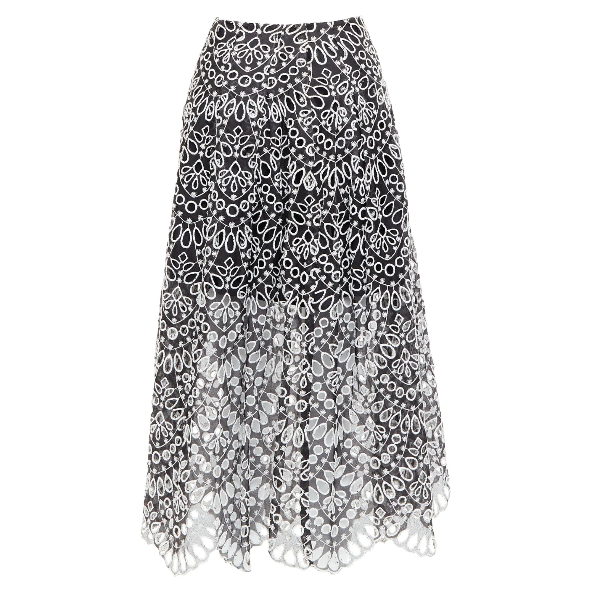 Oscar De La Renta Silk Cotton Embroidery Anglais Skirt