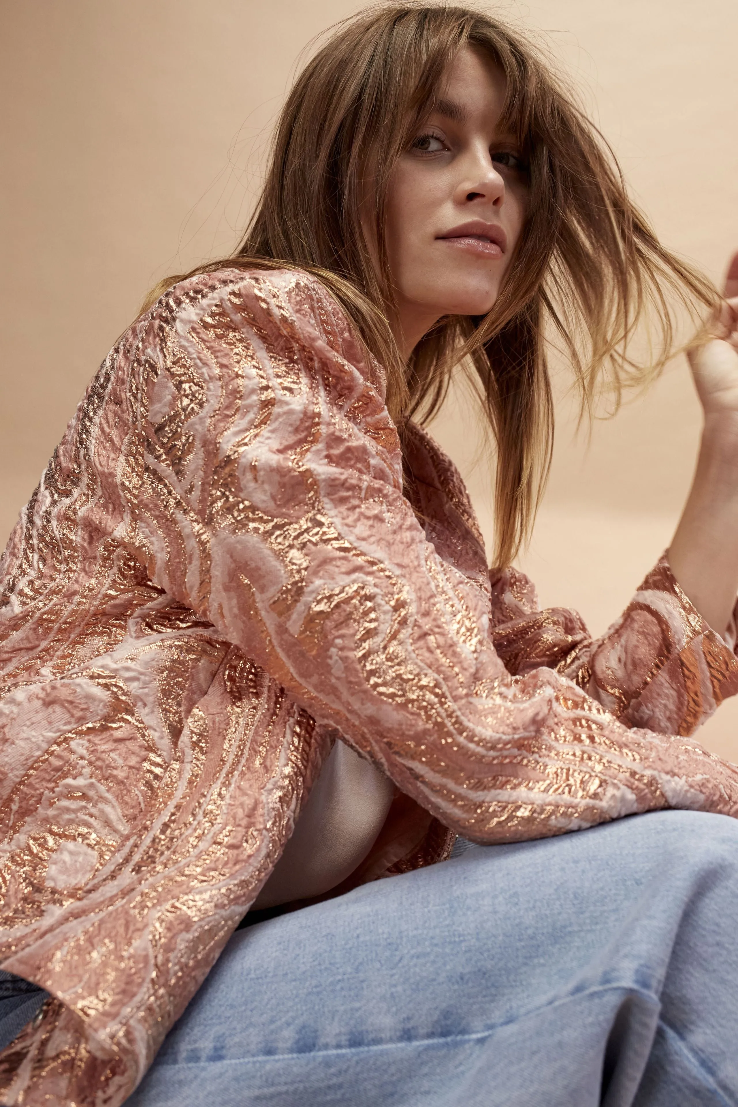 Oui Rose Cooper Brocade Jacket In Pink