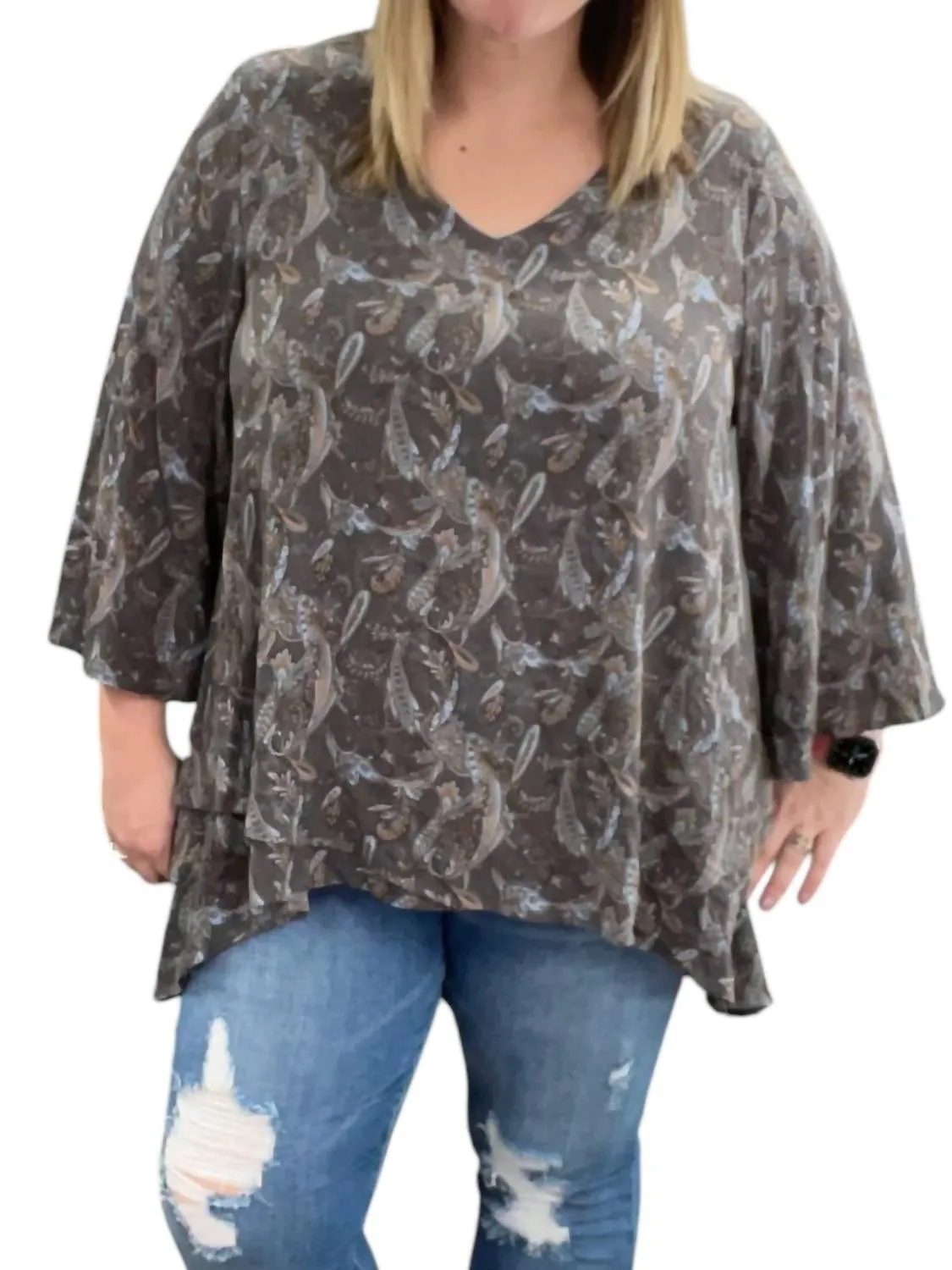 Paisley Cross Front Tunic Top In Charcoal