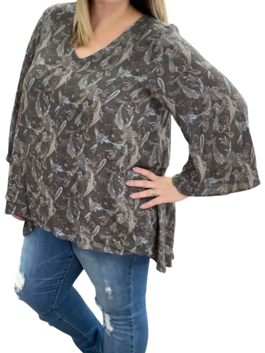 Paisley Cross Front Tunic Top In Charcoal