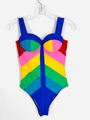 Paper London Size S Blue/Multi Color Block NEW Designer Swimsuit