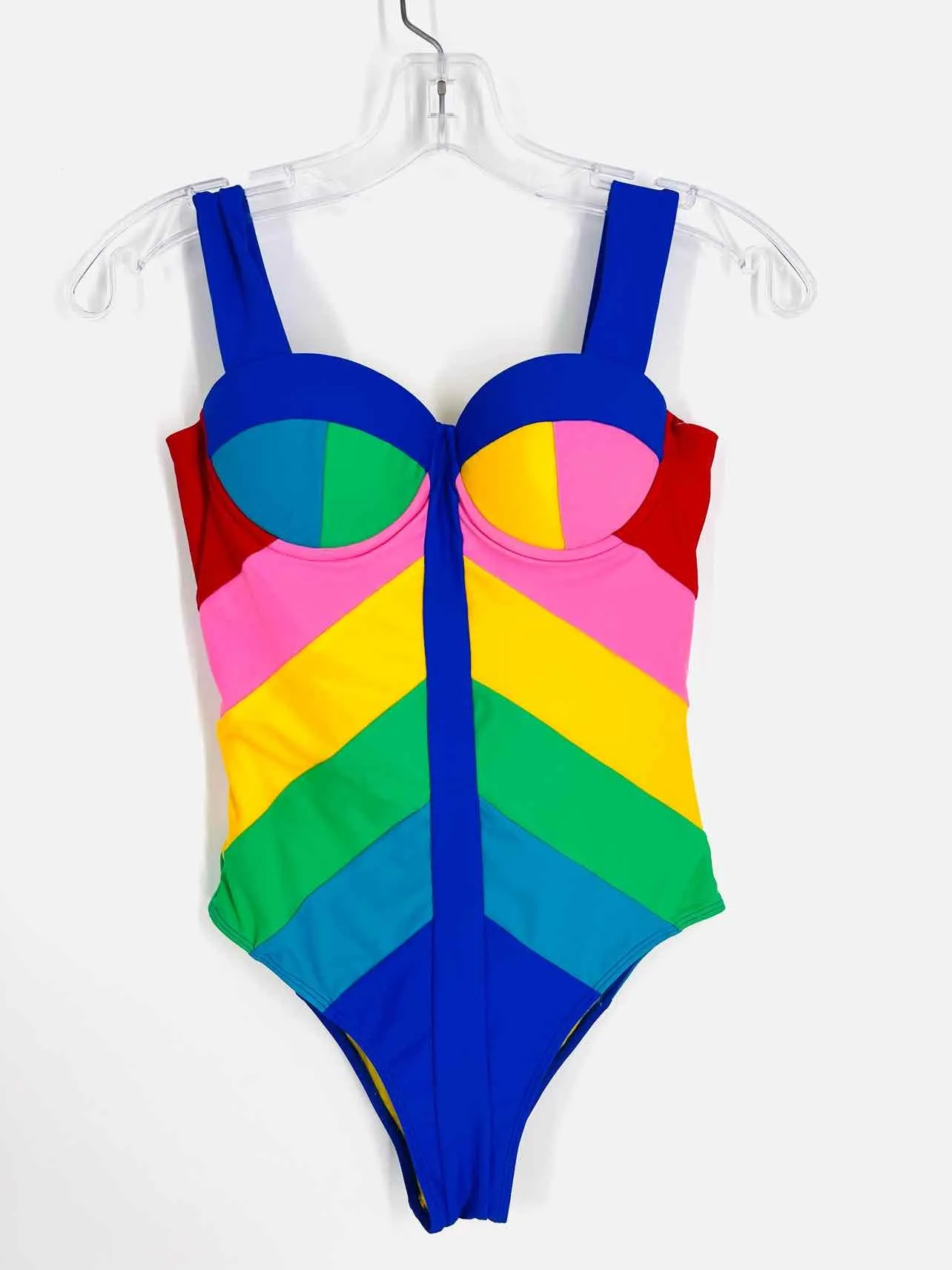 Paper London Size S Blue/Multi Color Block NEW Designer Swimsuit