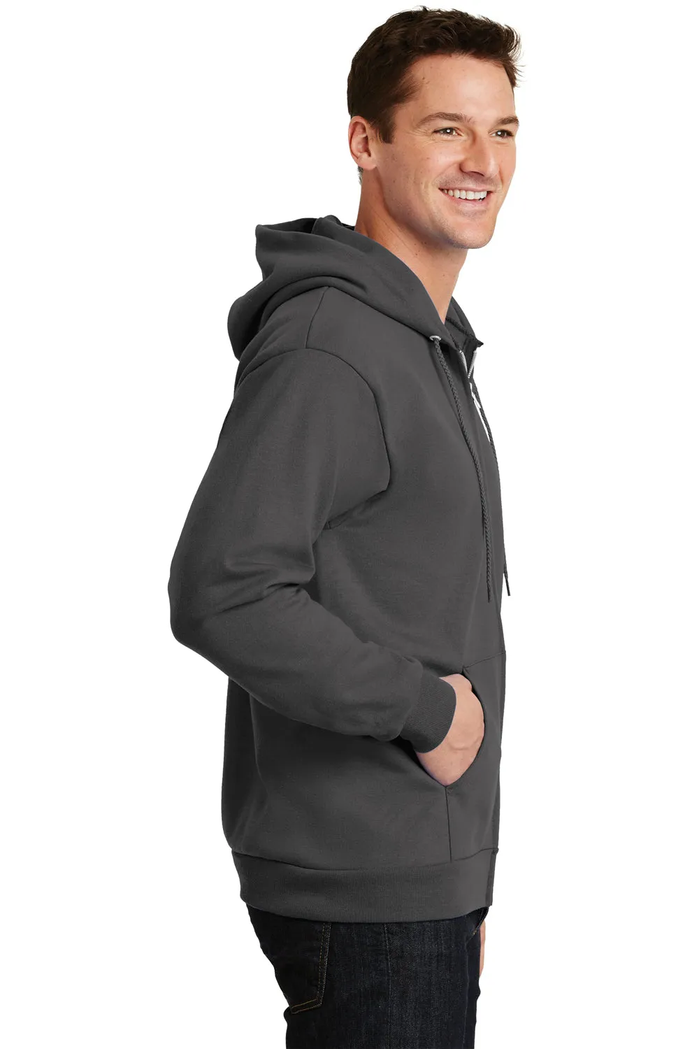 Port & Company Mens Essential Pill Resistant Fleece Full Zip Hooded Sweatshirt Hoodie w/ Pockets - Charcoal Grey