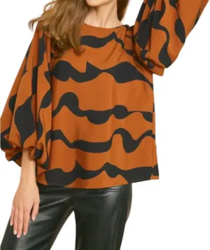 Printed Balloon Sleeve Top In Brown