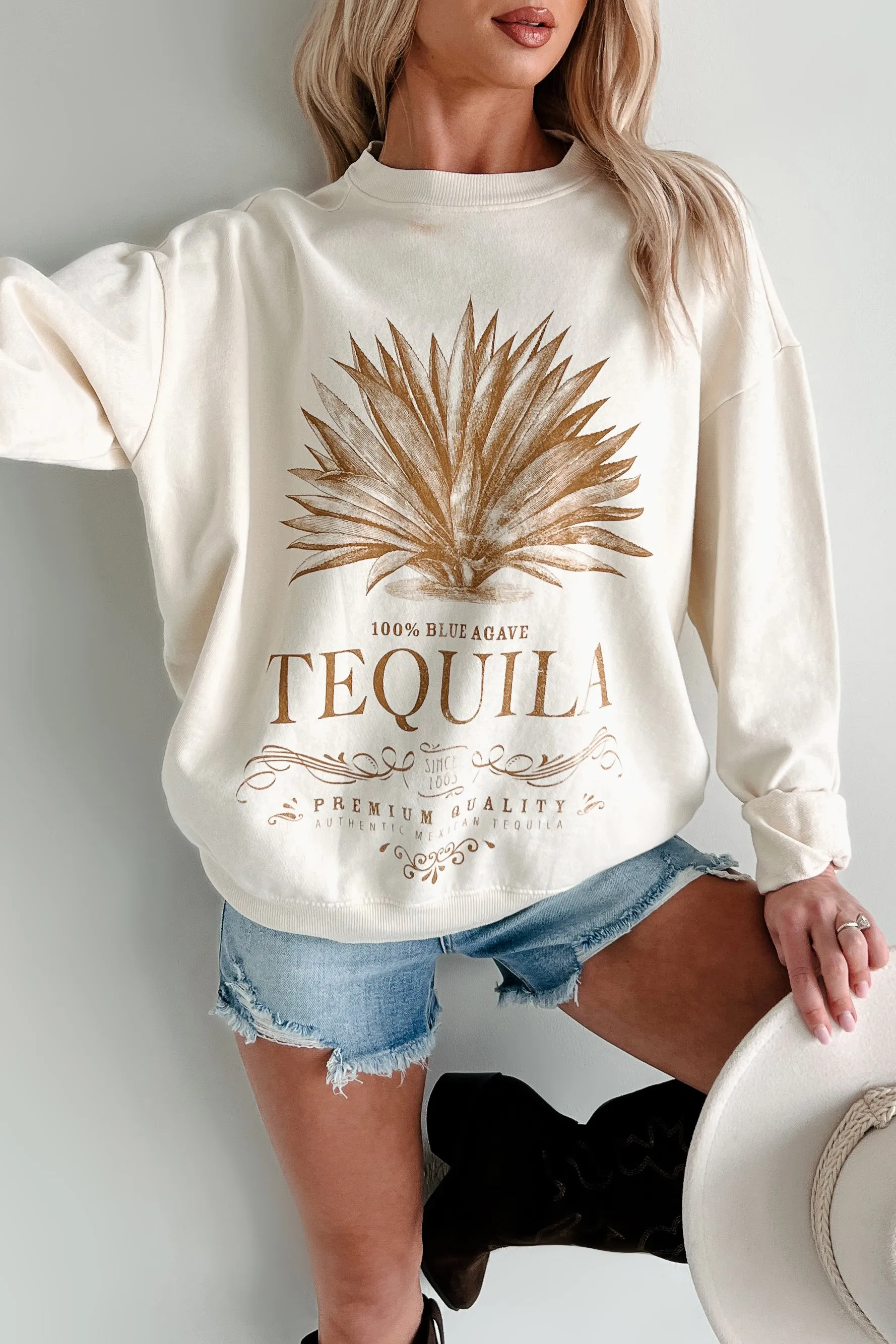 "Tequila" Graphic Print Sweatshirt (Cream)