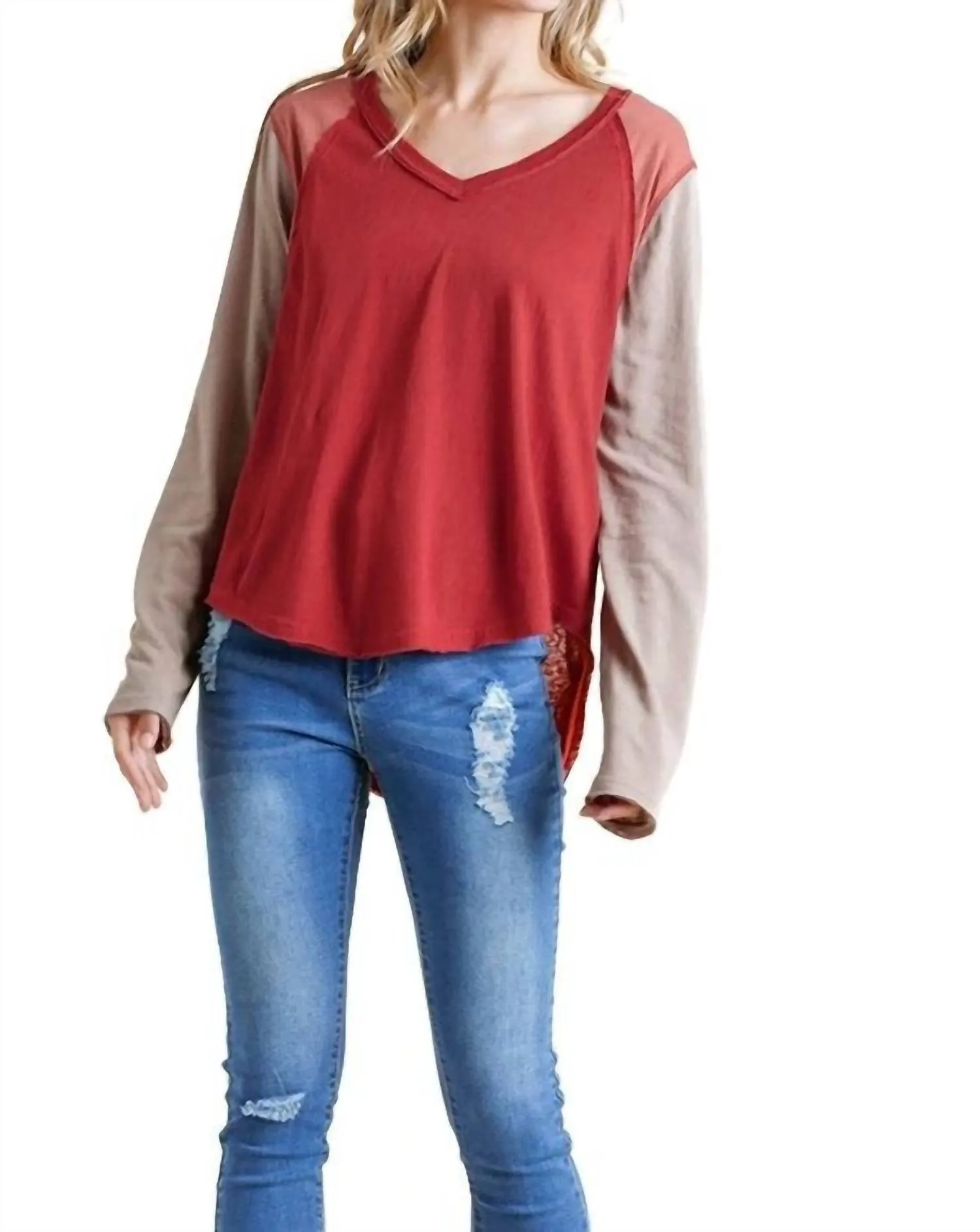 Raw Edge Color Block Top - Plus In Brick