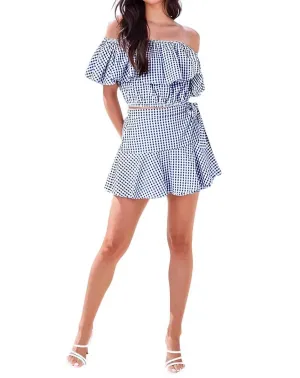 Recia Off-Shoulder Gingham Top And Skort Set In Navy
