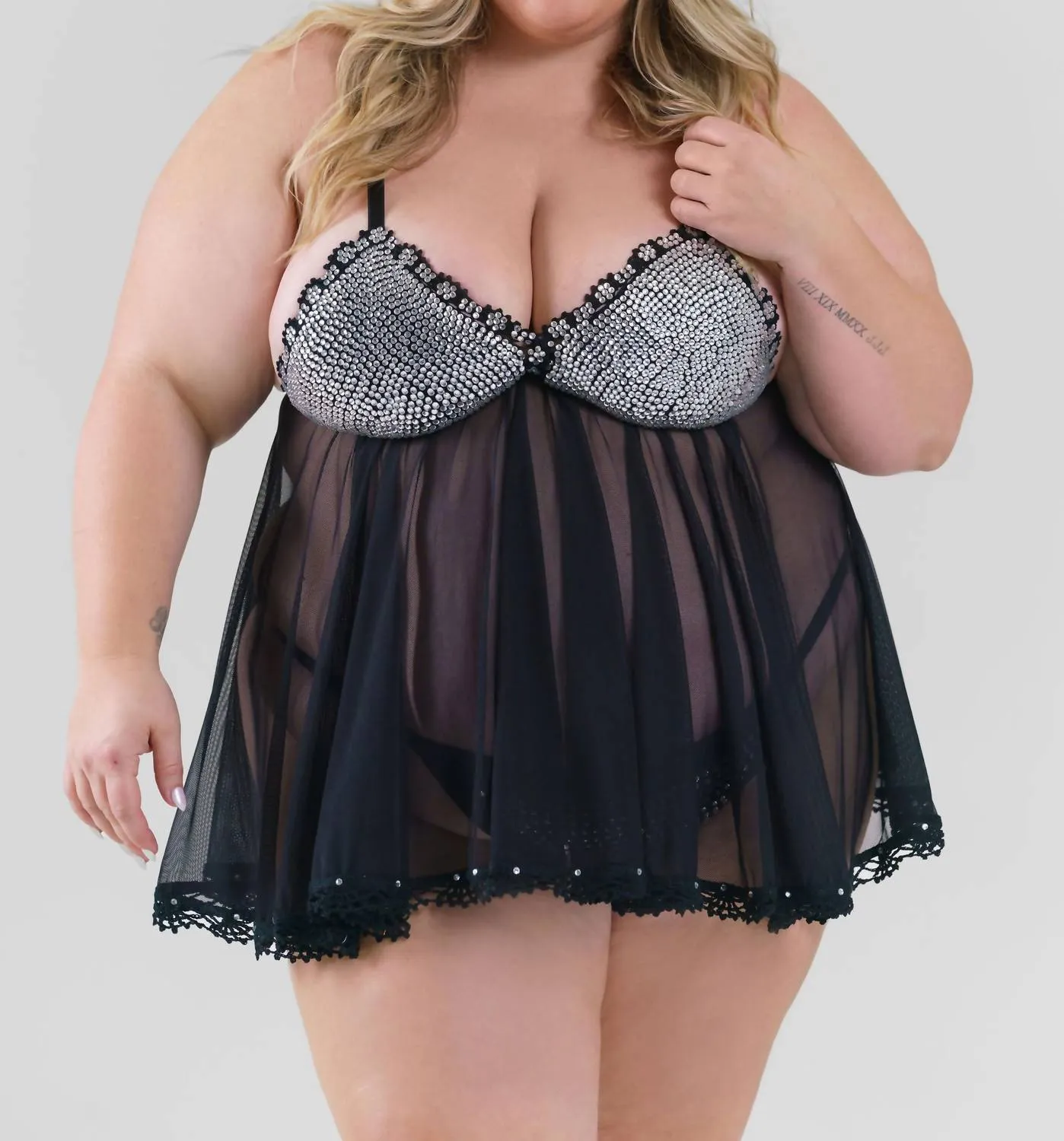 Rhinestone Babydoll Set In Black