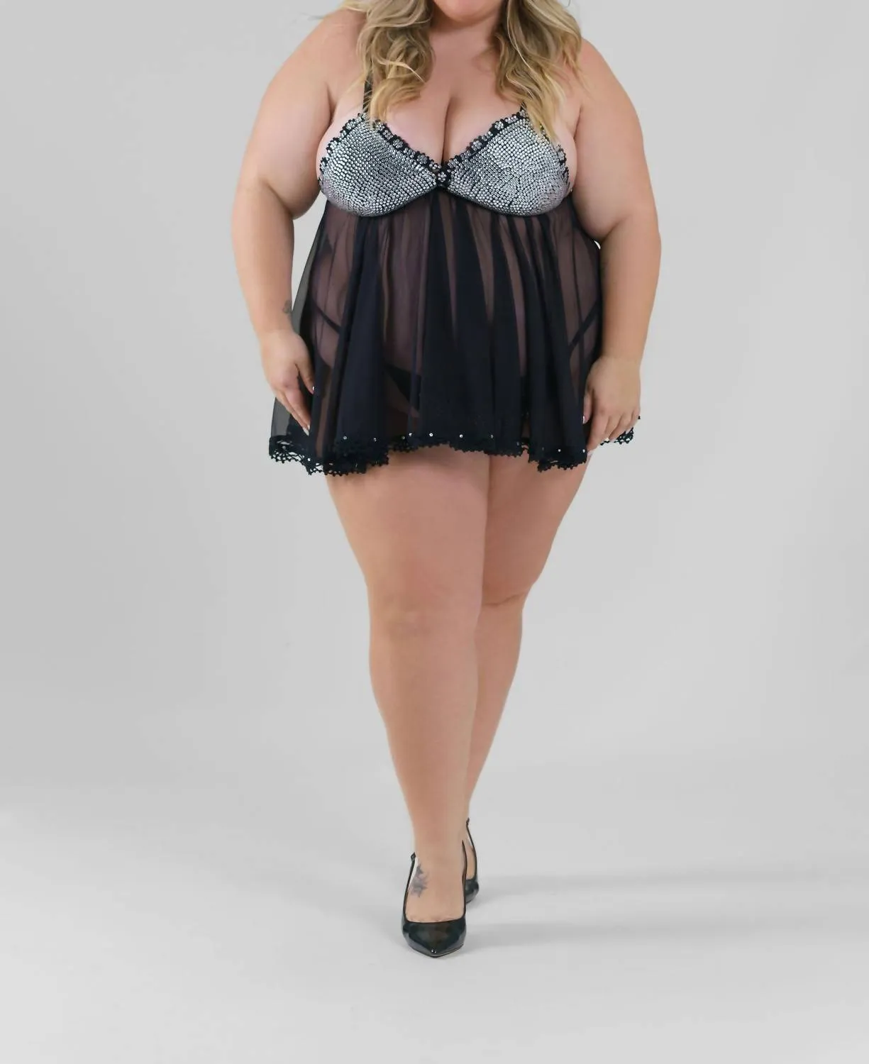 Rhinestone Babydoll Set In Black