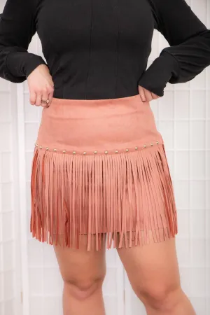 Rhinestone Suede Fringe Skirt In Peach
